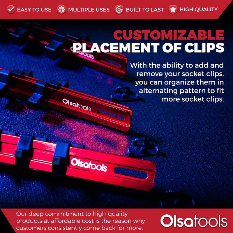Olsa Tools 3-Pc Set Aluminum Socket Organizer | Locking End Caps | 1/4-Inch, 3/8-Inch, 1/2-Inch Drive Socket Holders with 24, 18, 16 Clips Each (Red) - Image 5
